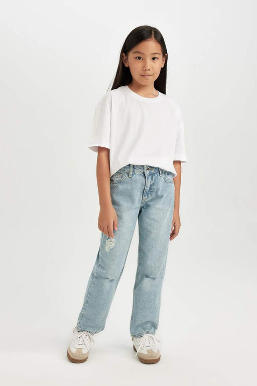 Джинсовые брюки прямого кроя с рваными деталями и прямыми карманами для девочек - Defacto фото 2