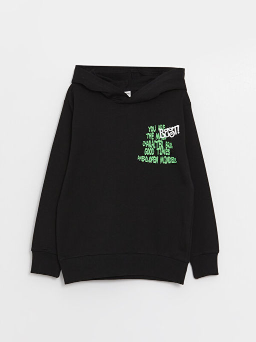 Bask?l? Uzun Kollu Erkek ?ocuk Hoodie