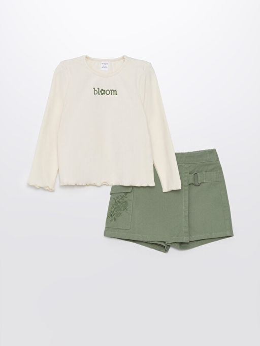 Bisiklet Yaka Uzun Kollu Bask?l? Bask?l? K?z Bebek Bluz ve ?ort Etek 2li Tak?m