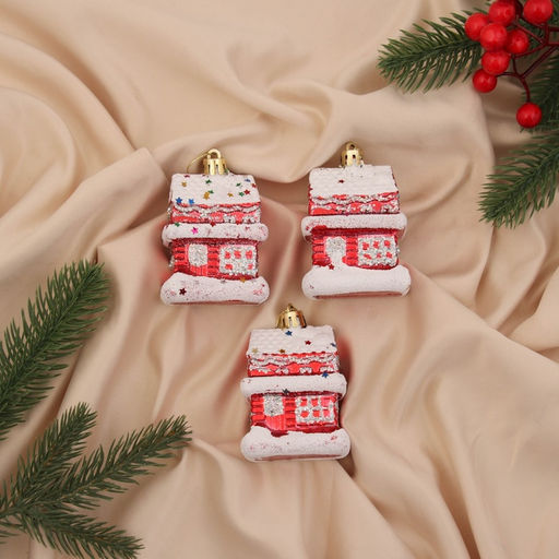 Цена за 2 шт. Ёлочные игрушки 3 шт. Зимнее волшебство. Праздничный домик пластик, 84.5 см, красно-белый