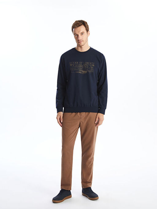 Bisiklet Yaka Uzun Kollu Bask?l? Erkek Sweatshirt