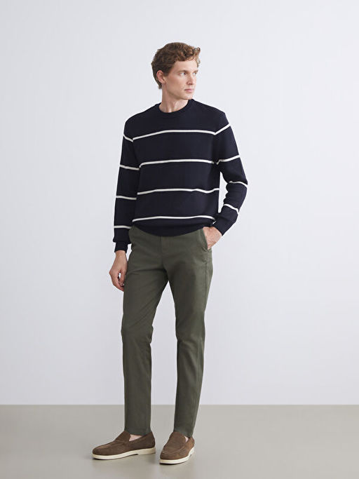 Bisiklet Yaka Uzun Kollu ?izgili Erkek Triko Kazak