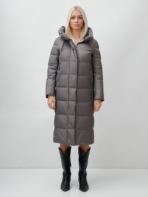 Пальто утепленное стеганное зимнее с капюшоном женское темно-серого цвета 9606TC