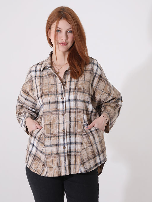 Бежевая рубашка в клетку женская - Almond фото 4