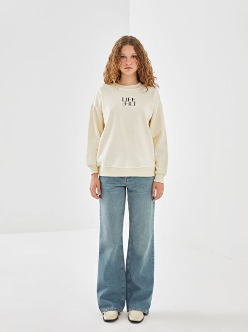 Bisiklet Yaka Bask?l? Kad?n Sweatshirt