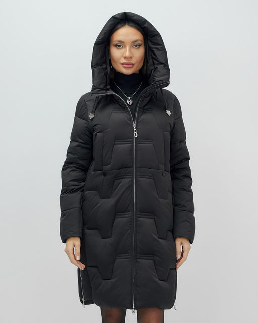 Пальто зимнее утепленное с капюшоном женское черного цвета 7638Ch