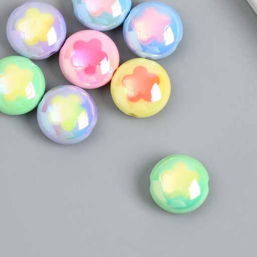 Цена за 8 шт. Бусина пластик Плоский шарик. Цветочек, глянец перламутр, 1.7?1.7 см, МИКС