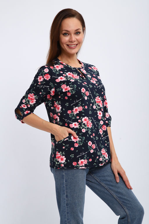 Кофта женская из футера 2-н Анфиса цветы на синем