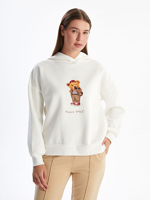 Kap??onlu Ay? Teddy Bask?l? Oversize Kad?n Kal?n Sweatshirt Tunik