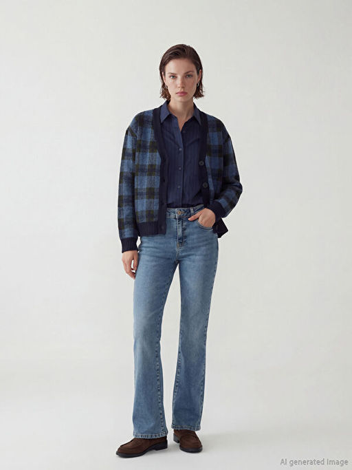 V Yaka Ekose Oversize Kad?n Triko H?rka