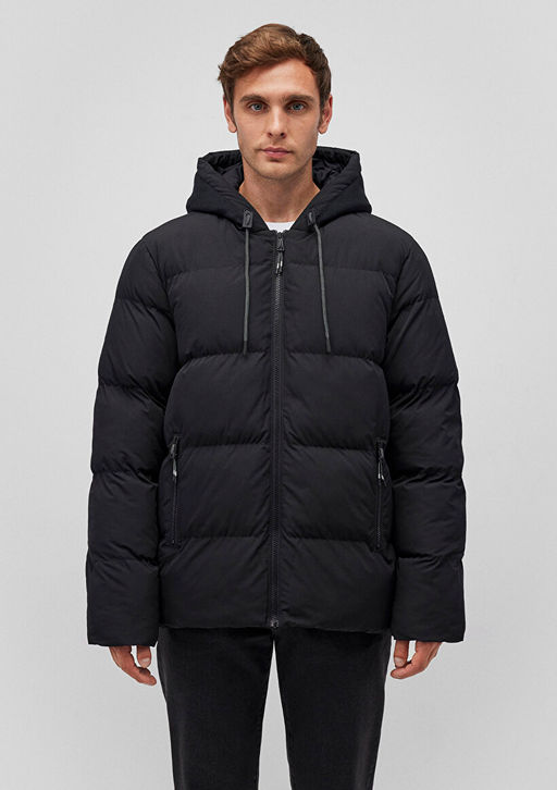 Kapusonlu Siyah Sisme Mont - Mavi фото 2