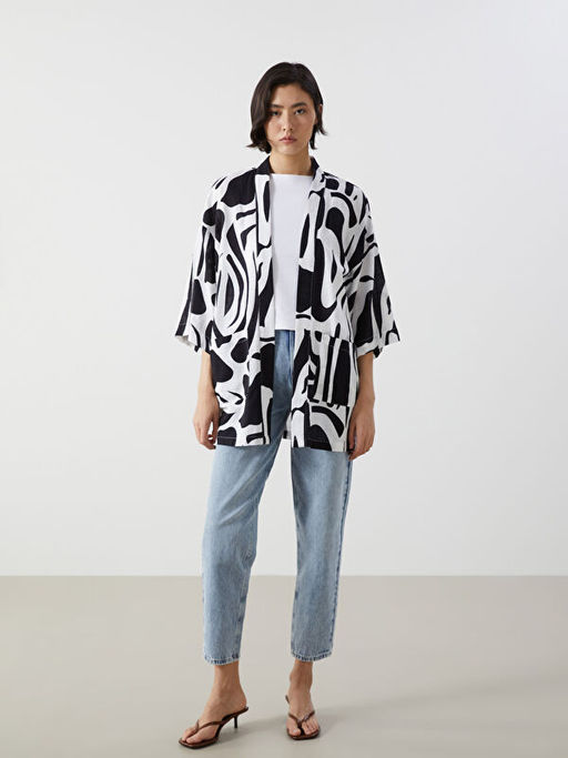 ?al Yaka Desenli Keten G?r?n?ml? Kad?n Kimono