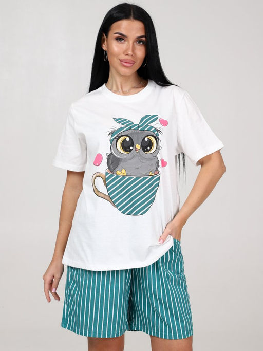 691 ПИЖАМА ЖЕНСКАЯ (шорты) (Изумрудный (полоса)) - А-дина фото 2