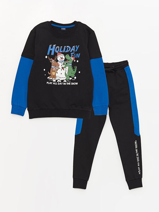 Bisiklet Yaka Y?lba?? Temal? Uzun Kollu Erkek ?ocuk Sweatshirt ve E?ofman Alt?