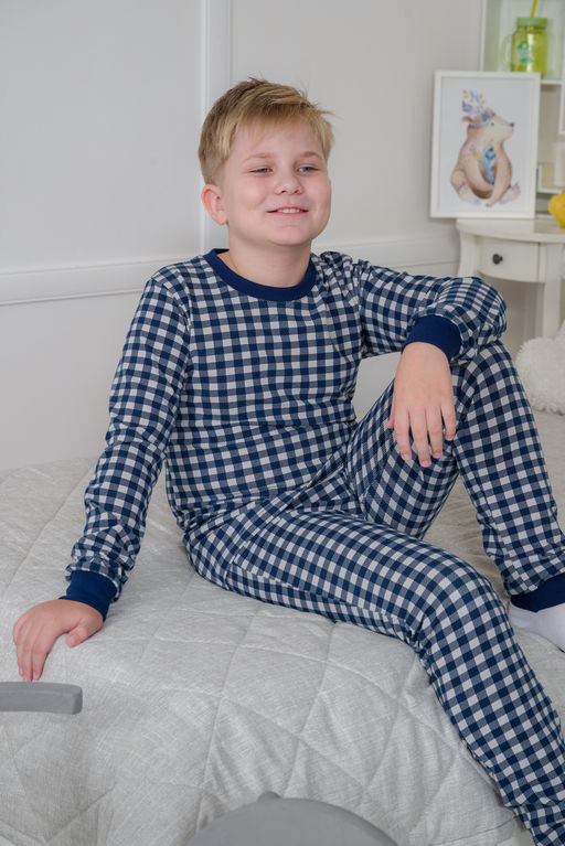 Пижама подростковая из кулирки пенье на манжетах Дрёма клетка синяя - Амадэль фото 25