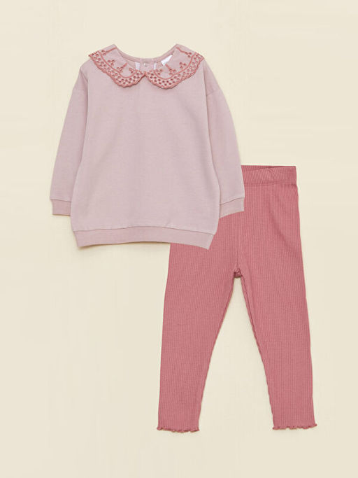 Bebe Yaka Uzun Kollu Nak?? Detayl? K?z Bebek Sweatshirt ve Tayt 2li Tak?m
