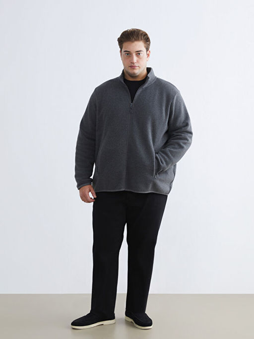 Standart Kal?p Dik Yaka Polar Erkek Fermuarl? Sweatshirt