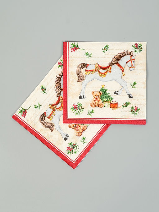 Цена за 5 шт. Салфетки бумажные трёхслойные «Новогодняя лошадка. кремовый фон», 24×24, 25 шт.