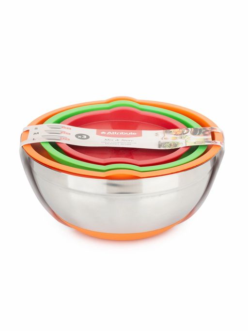 Набор стальных мисок MIX&STORE 3шт, 1.5л+2.4л+3.7л с крышками, силиконовое дно - Attribute фото 5