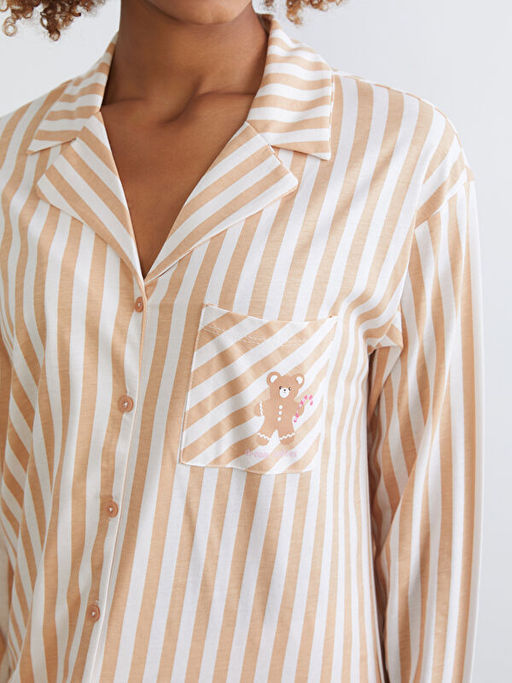 G?mlek Yaka ?izgili Kad?n Pijama Tak?m?