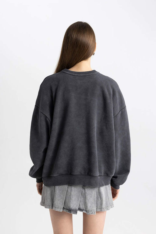 Моющийся свитшот с круглым вырезом и принтом Cool Oversize с эффектом выцветания - Defacto фото 9