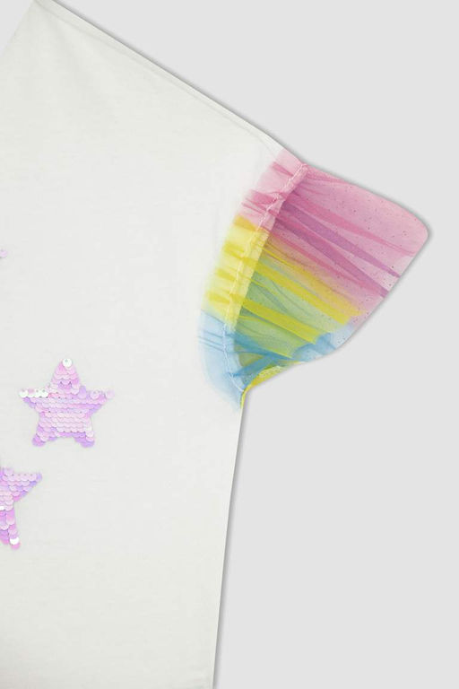 Белая футболка с короткими рукавами из тюля с принтом для девочек - Defacto фото 8