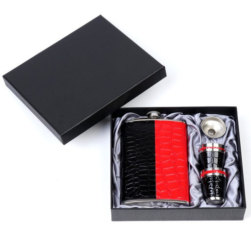 Подарочный набор 6 в 1 «Дубль», фляжка 270 мл, 4 рюмки, воронка, нержавеющая сталь, экокожа, чёрный, красный