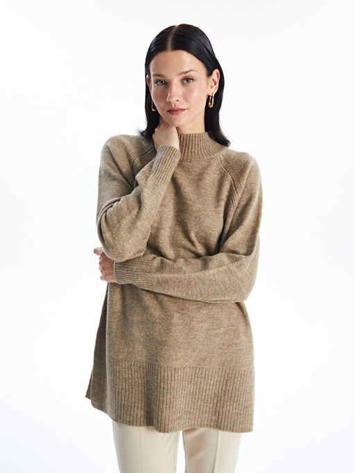 Dik Yaka D?z Oversize Kad?n Triko Tunik