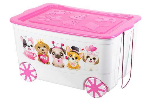 Ящик для игрушек 55 л 61*41*33 см KidsBox Милые щенки белый с розовой крышкой, на колёсах