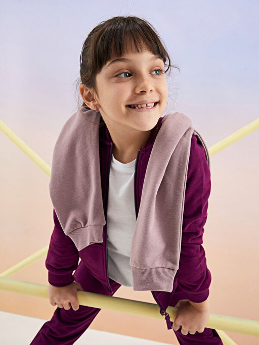 Kap??onlu Basic Uzun Kollu K?z ?ocuk Fermuarl? Sweatshirt