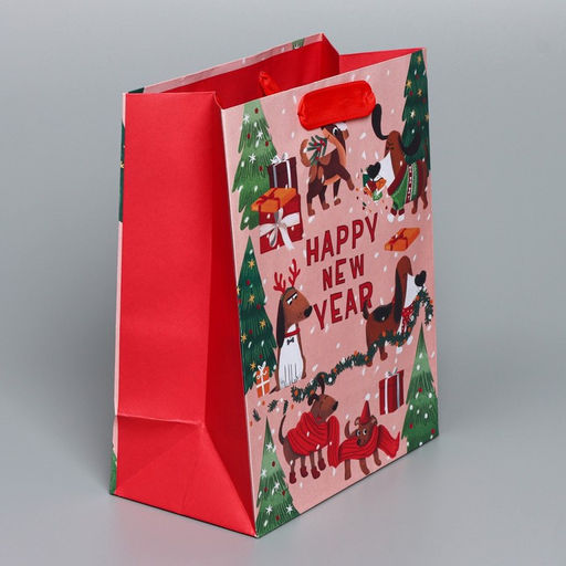 Пакет подарочный новогодний крафтовый вертикальный «Собачьи истории», MS 18 х 23 х 10 см