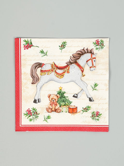 Цена за 5 шт. Салфетки бумажные трёхслойные Новогодняя лошадка. кремовый фон, 24?24, 25 шт.