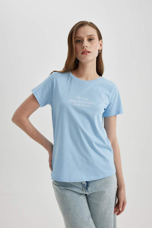 Футболка обычного кроя с круглым вырезом и принтом из чесаного хлопка с короткими рукавами - Defacto фото 4