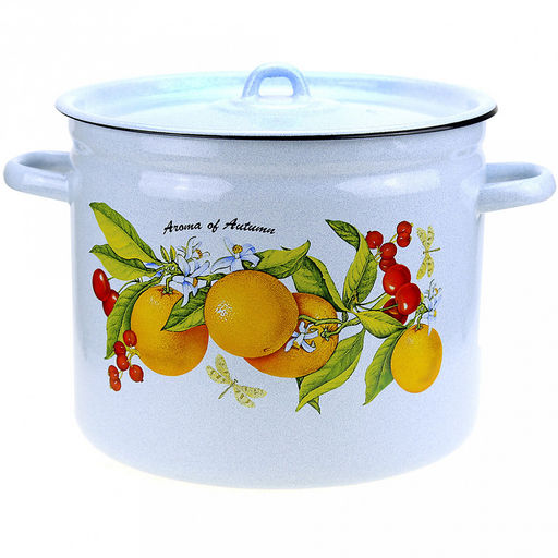 Фруктовая фантазия Кастрюля эмалированная 9л, форма цилиндрическая, металлическая крышка, металлические ручки, белый рябчик (Россия)