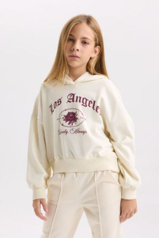 K?z Cocuk Ekru Oversize Genis Kal?p Kapusonlu Bask?l? Sweatshirt
