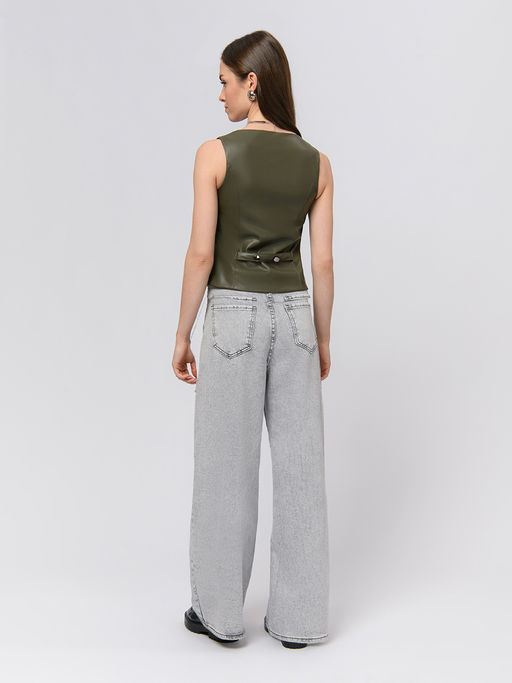 Жилет цвета хаки из искусственной кожи на пуговицах - 1001dress фото 4