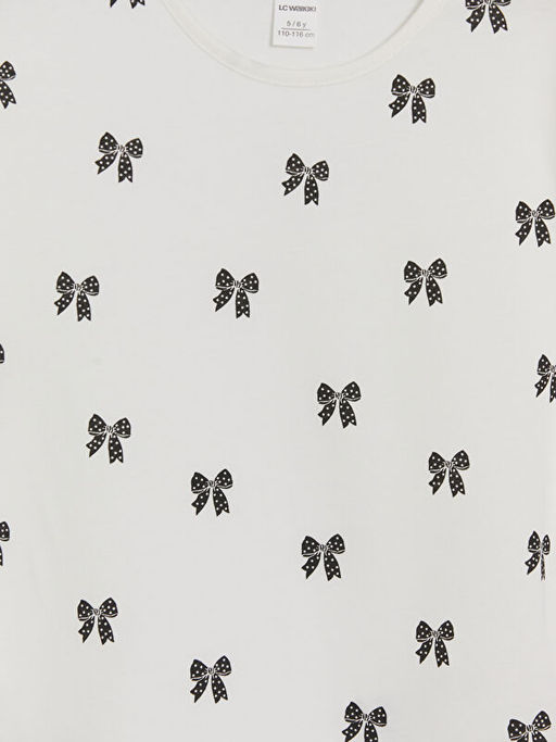 Bisiklet Yaka Fiyonk Bask?l? K?z ?ocuk Ti??rt