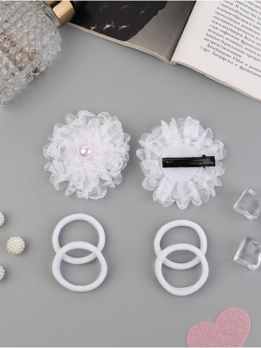 Цена за 6 шт. Набор для волос «Милашка», 2 зажима, 4 резинки, кружева, белый