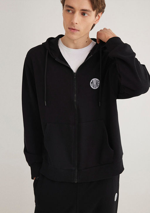 MVJNS Logo Bask?l? Fermuarl? Kapusonlu Siyah Sweatshirt - Mavi фото 3