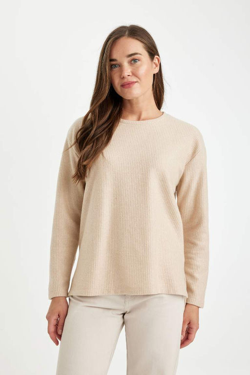 Женский простой свитшот свободного покроя с круглым вырезом в рубчик на бретельках с боковыми разрезами - Defacto фото 4