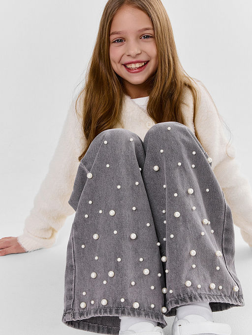 Джинсы для девочек серые с декоративными бусинами - Mark formelle фото 5