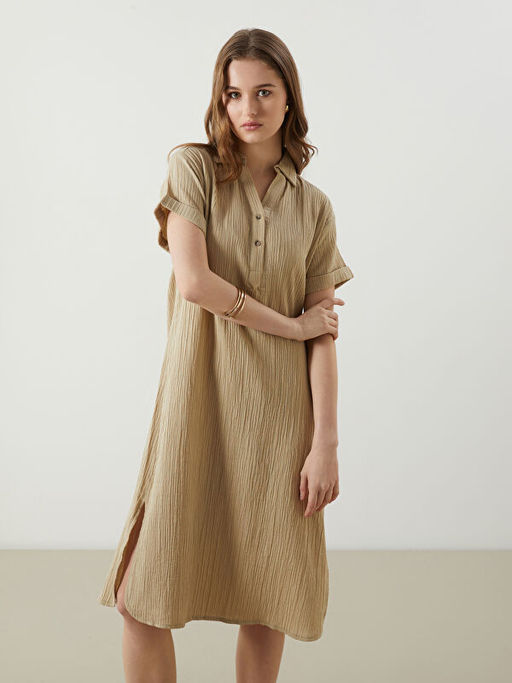 G?mlek Yaka Dokulu Oversize Elbise