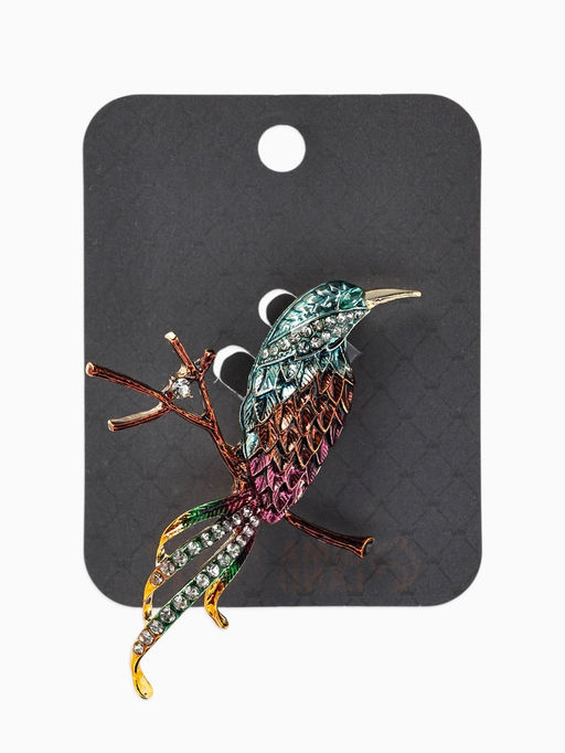 Брошь «Птица» на ветке, цветная в золоте