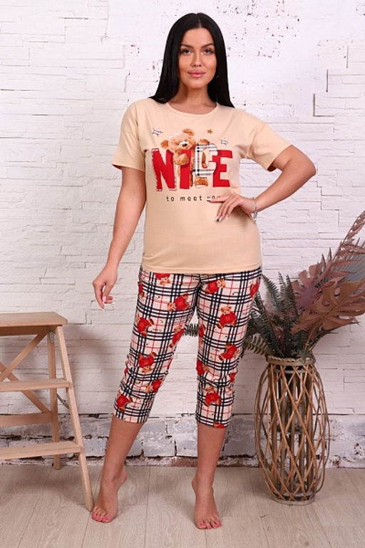 Пижама с бриджами, принт Мишки, бежевый (817-2) - Плиона фото 3