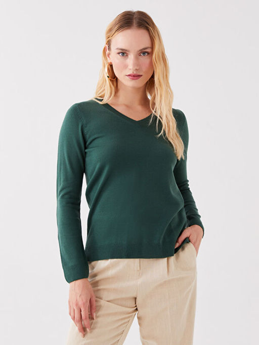 V Yaka D?z Uzun Kollu Kad?n Triko Kazak