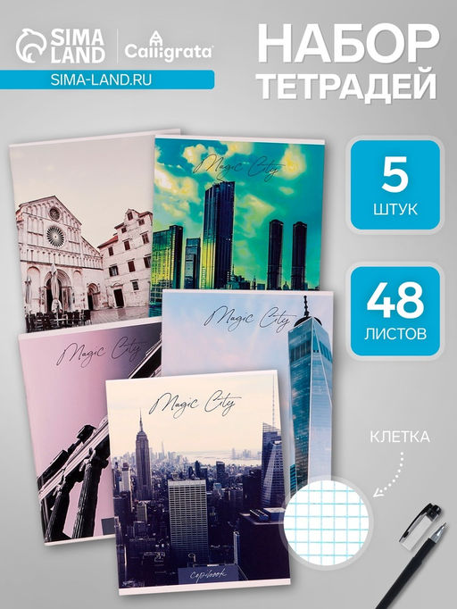 Комплект тетрадей из 5 штук, 48 листов в клетку Calligrata Города, обложка мелованный картон, блок №2, белизна 75% (серые листы)  фото 5