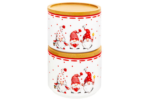 Банка д/хранения 250 мл 9,3*9,3*7 см "Весёлые гномики" + дер. крышка-подставка с крыш. с сил. уплот.