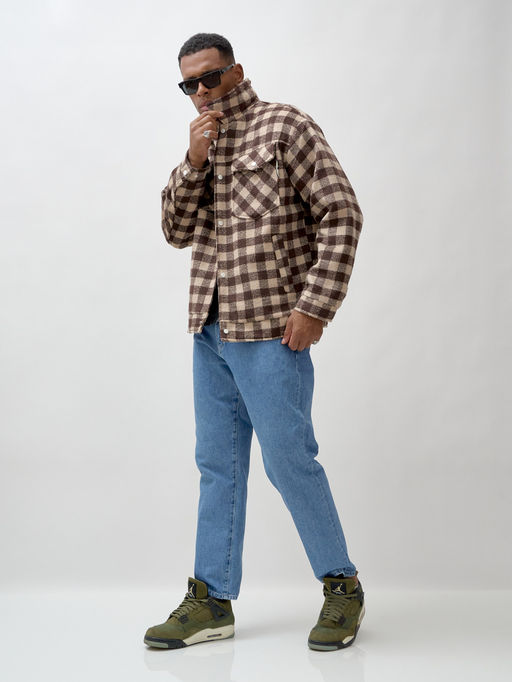 Куртка рубашка шерстяная в клетку мужская демисезонная коричневого цвета 58566K