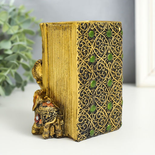 Фигурка-карандашница полистоун Слон и слонёнок в попоне с цветком, под бронзу, 8.5?9?11.5 см