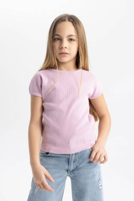 K?z Cocuk Slim Fit Dar Kesim Bisiklet Yaka Basic Duz Fitilli Kaskorse K?sa Kollu Tisort